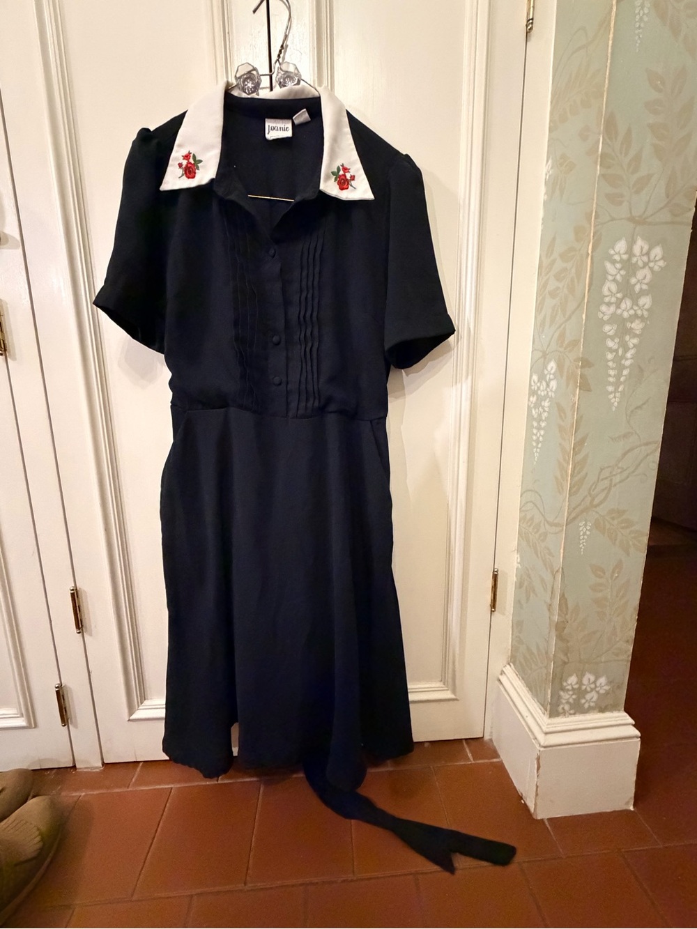 Black Midi Dress with White Embroidered Collar